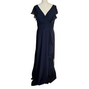 Lavetir 16W navy blue deep V flutter sleeve lined chiffon slit maxi dress